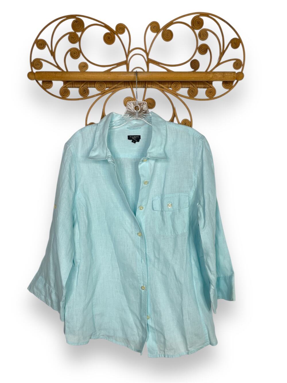 Talbots women's Irish linen blue button down shirt roll tan sleeves L